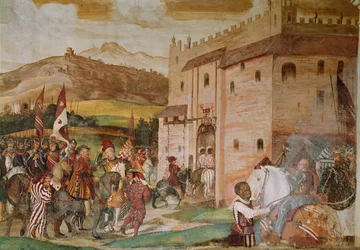 1474年、1520〜30年にマルパガ城でコンドッティエール、バルトロメオコレオニによるデンマーク国王クリスチャン1世のレセプション